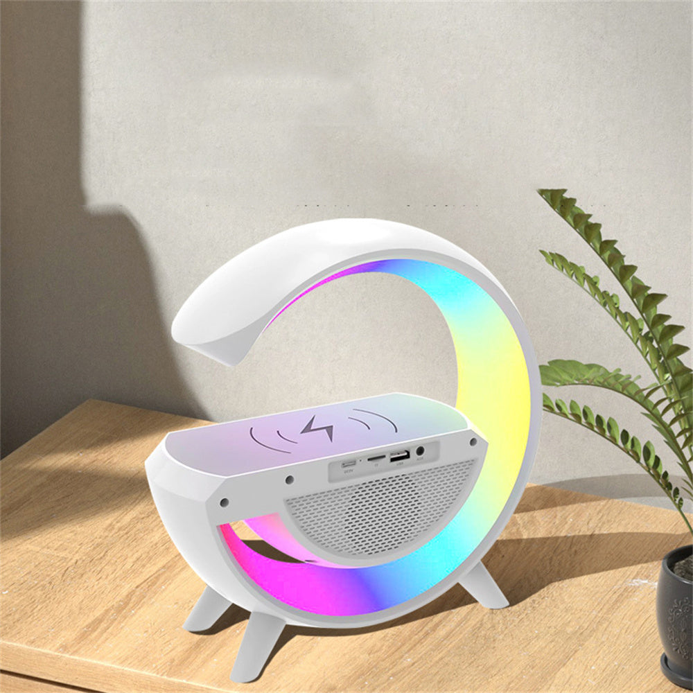 LÁMPARA SMART 6 EN 1 CARGADOR INLÁMBRICO, PARLANTE, RELOJ, LUCES LED