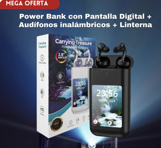 Audífonos inalámbricos con Pantalla + Power Bank + Linterna