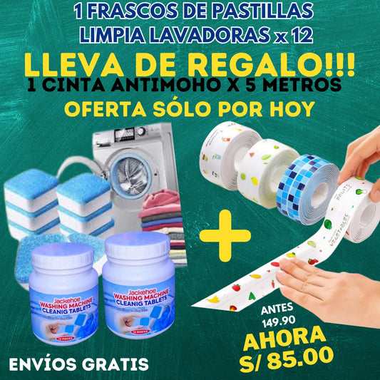 PASTILLAS LIMPIA  LAVADORAS  Frasco x 12 pastillas + CINTAS ANTI MOHO X 5 METROS