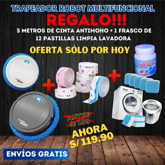 ROBOT TRAPEADOR MULTIFUNCIONAL+CINTA  ANTI MOHO+PASTILLAS LIMPIA LAVADORA