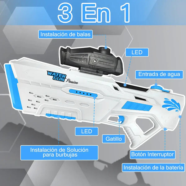 PISTOLA 3 EN 1 AGUA-HIDROGEL Y BURBUJAS