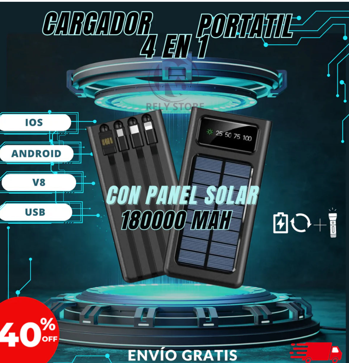 CARGADOR PORTATIL 4 EN 1 CON PANEL SOLAR